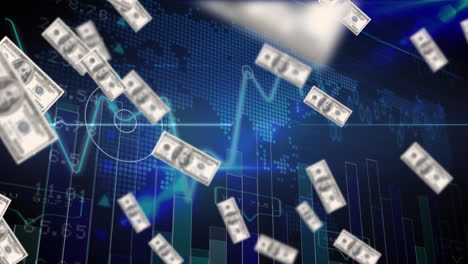 billetes de dólares estadounidenses sobre monitor de ritmo cardíaco y procesamiento de datos estadísticos contra el mapa del mundo