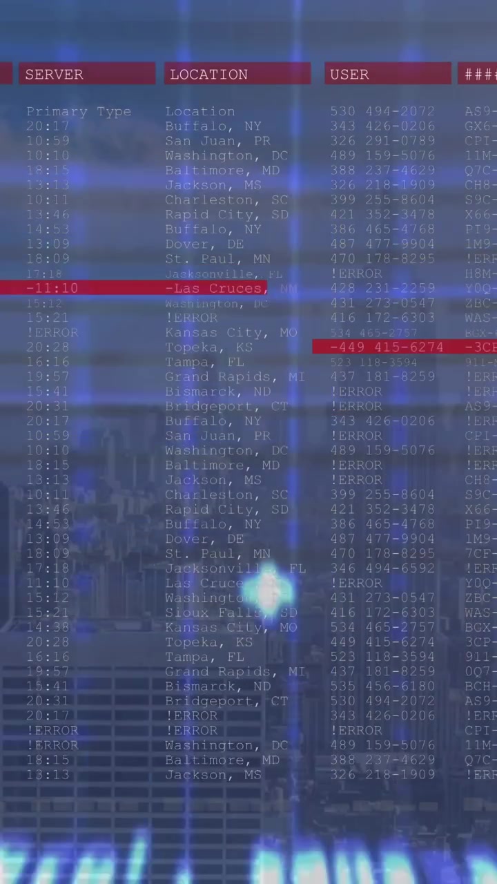 Animation of screens with data processing against close up of a computer server