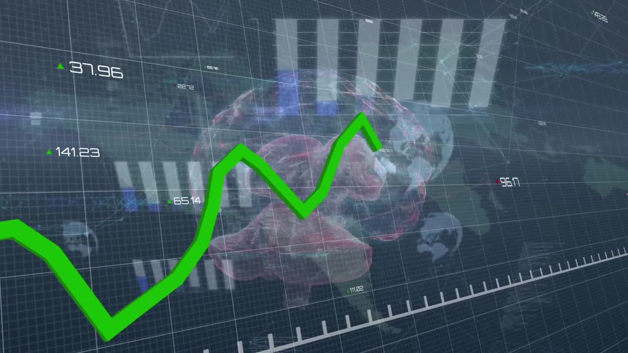 animación del procesamiento de datos financieros sobre el cerebro digital y el mapa del mundo en fondo negro
