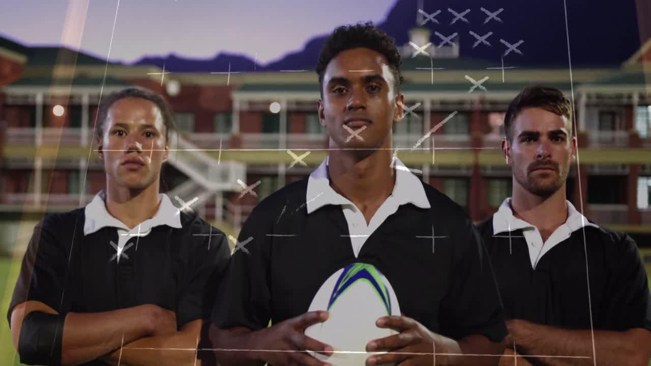Animering av ritning av spelplan över olika manliga rugbyspelare