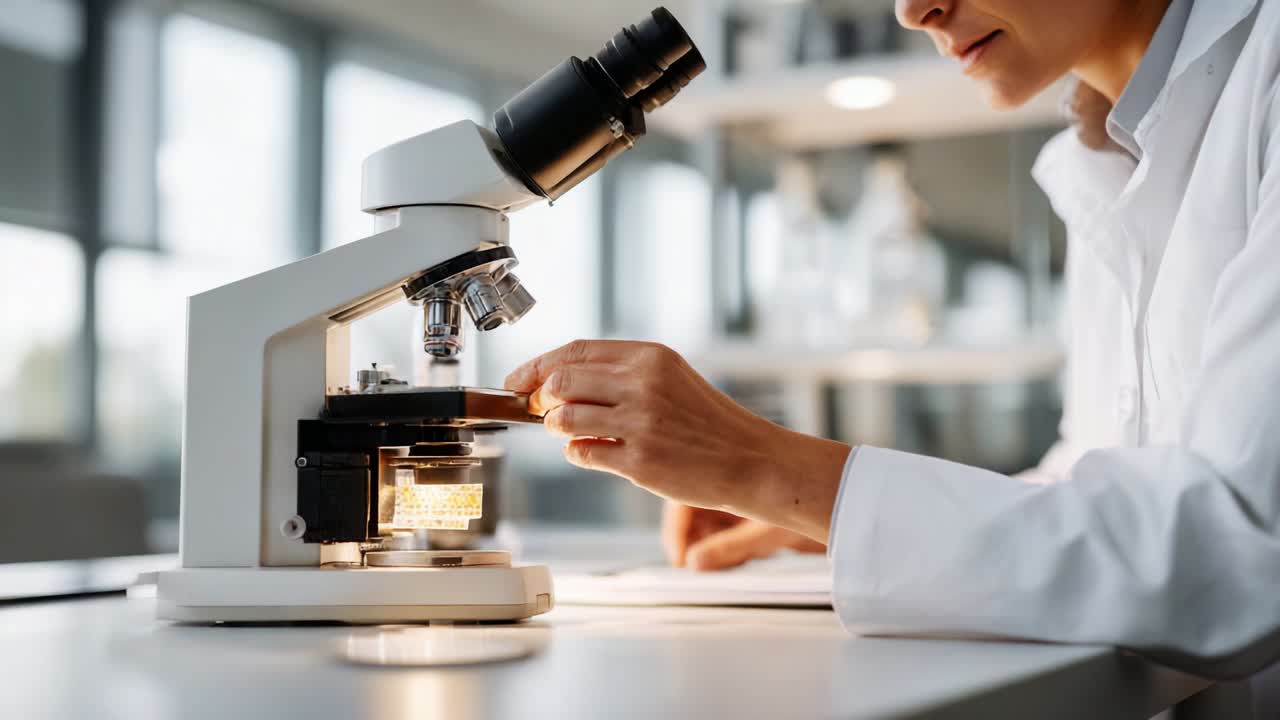 A focused scientist examines a microscopic slide through a high-quality microscope, highlighting the intricate details as light illuminates the specimen for scientific analysis in a modern laboratory setting