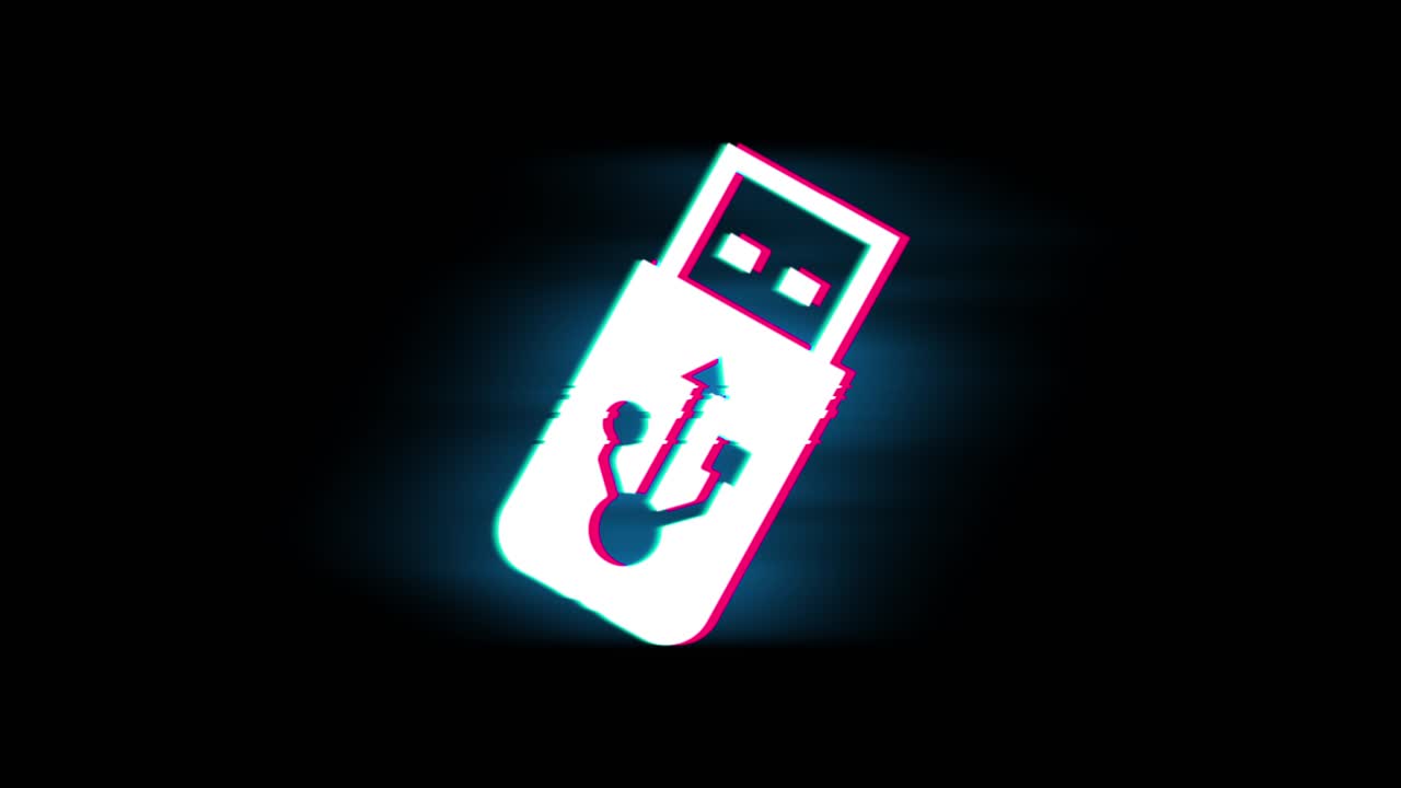 Usb flash drive symbol on glitch led screen retro vintage display animation 4k animation seamless