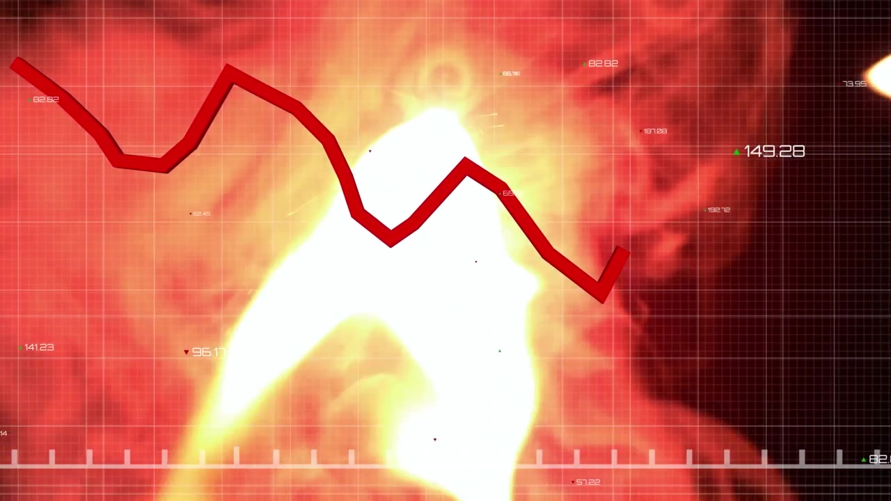 Animazione di elaborazione di dati finanziari e statistiche con linee rosse su una fiamma
