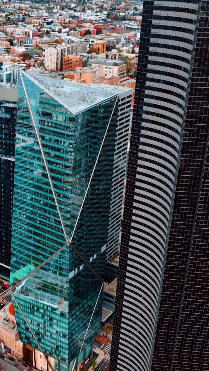 Splendidi grattacieli nel centro di Seattle, Washington, Stati Uniti. Vista della città con architettura a bassa altezza sullo sfondo. Video verticale.