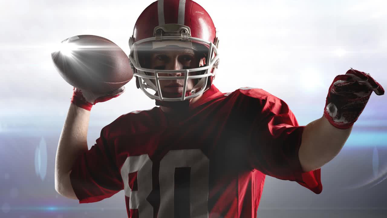 Animazione di luci in movimento su un giocatore di football americano in azione mentre lancia la palla.