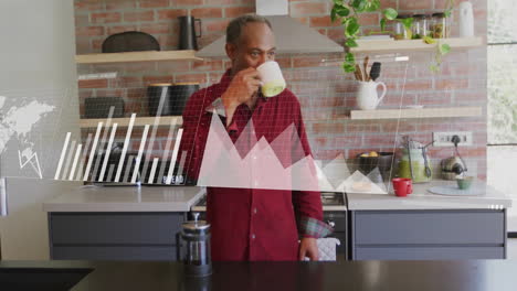 animation of data processing over senior african american man drinking coffee in kitchen