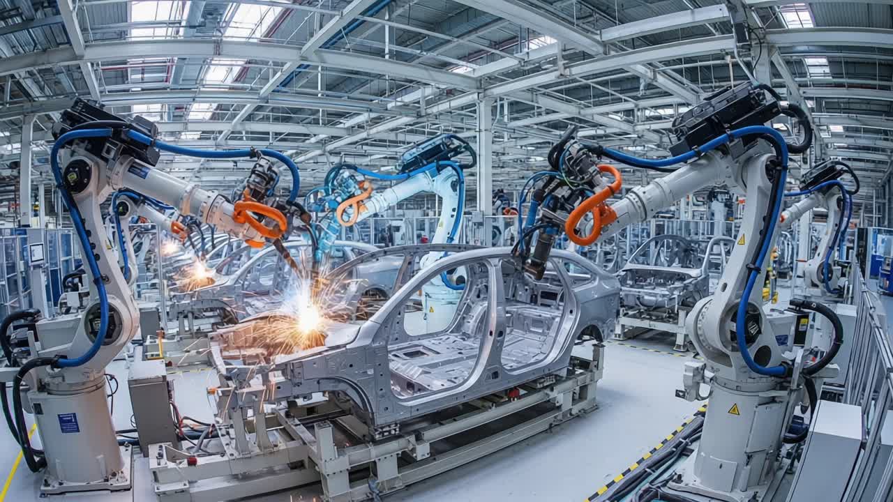 Innovative Industrial Automation: Exploring Advanced Robotic Manufacturing in an Automobile Production Facility with Precision and Efficiency