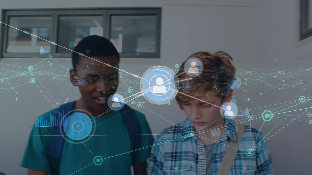 Animation of network of connections over happy diverse boys at school