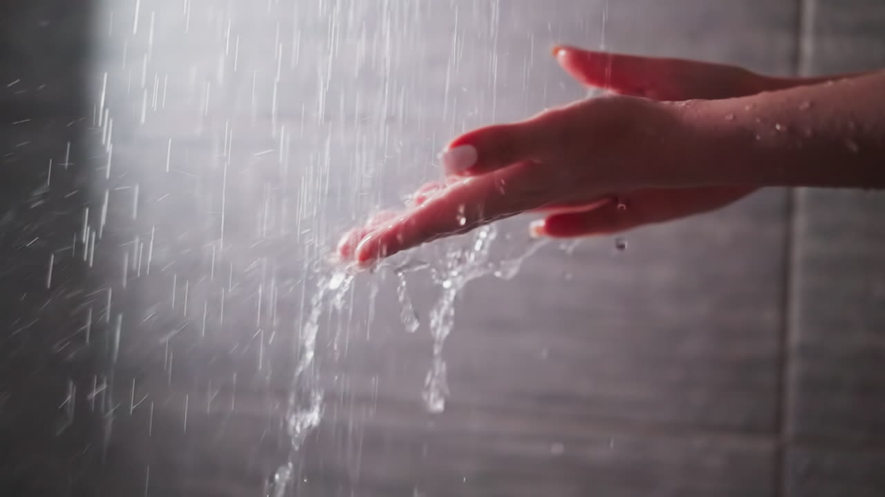 mujer sostiene palmas bajo sprays de ducha en el baño de cerca. dama disfruta de gotas de líquido puro cayendo en el baño. higiene corporal y diversión en el hogar