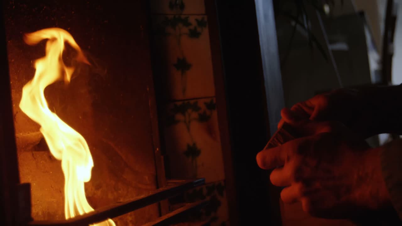 집 에서 벽난로 에 나무 로그 를 넣고 있는 사람 4k