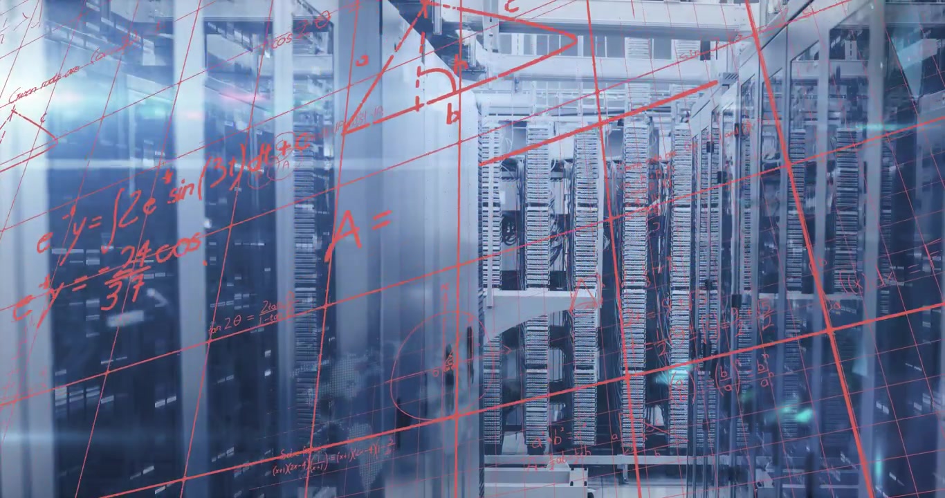 Data Center Server Room with Mathematical Formulas Overlay