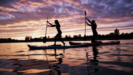 silhouettes of two people kayaking at sunset