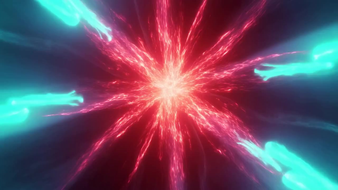 Bright red and cyan light rays expand from center point in abstract animation, forming symmetrical patterns with glowing trails, deep background contrast, and energetic visual movement.
