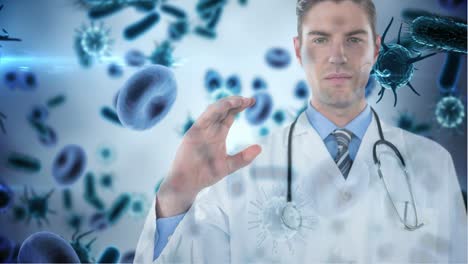 doctor holding invisible object against bacteria cells 4k