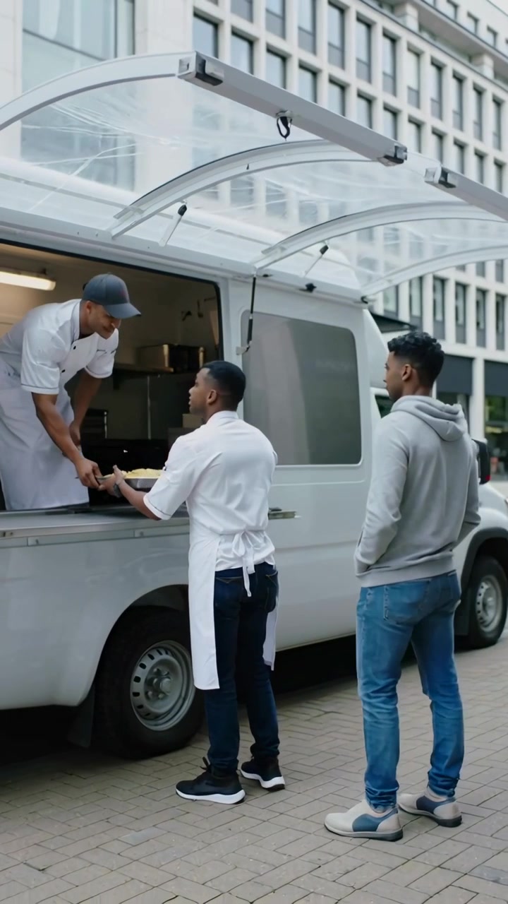 Video verticale: Chef in cappotto prende un vassoio mentre il portello del food truck si apre per un cliente al marciapiede.