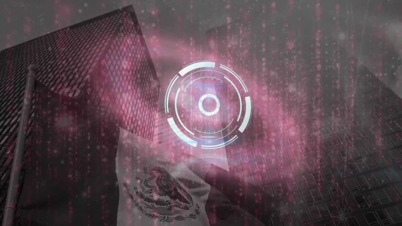 animación del escáner redondo rosa y procesamiento de datos contra edificios altos