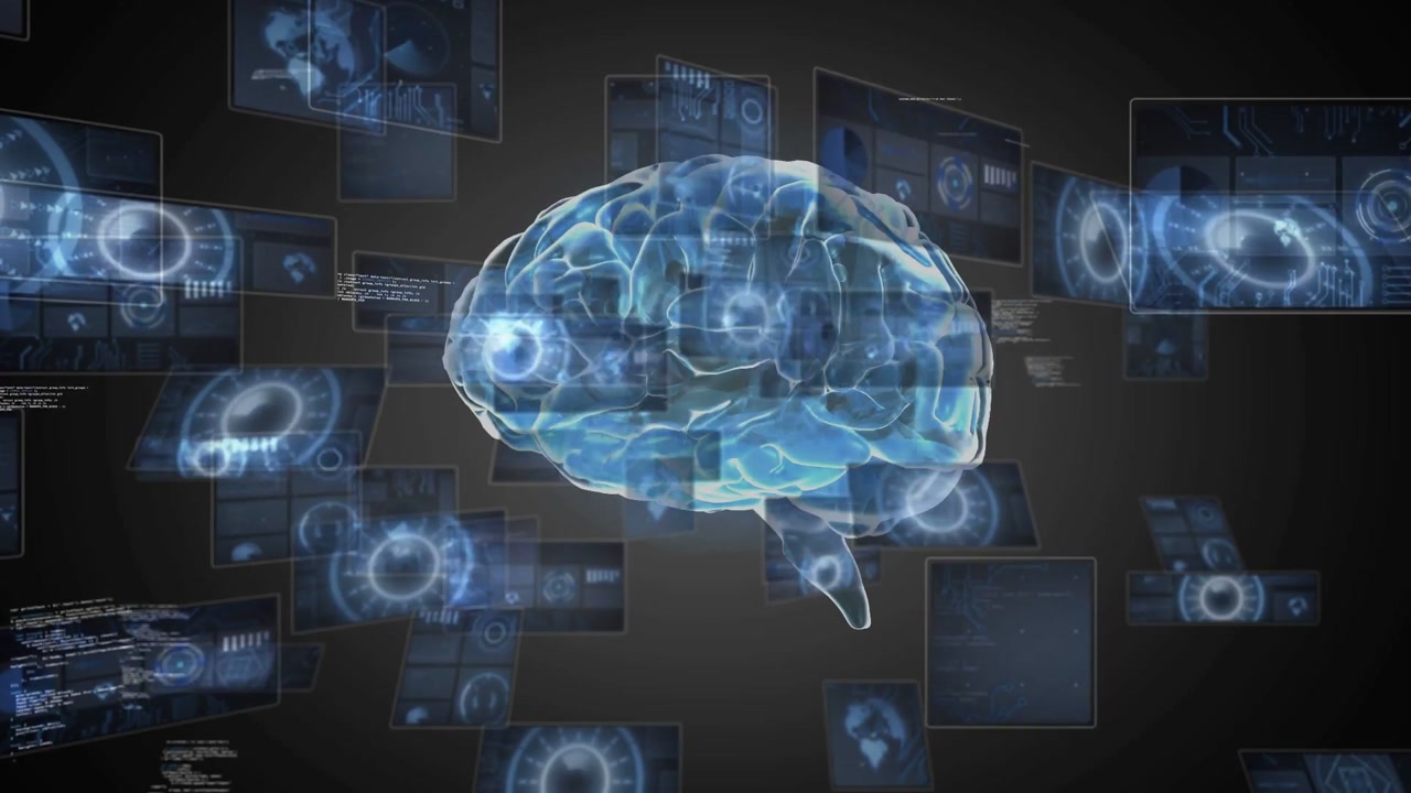 Vertical video: Rising HUD panels urging 3D brain rotating in void as code flowing across for study