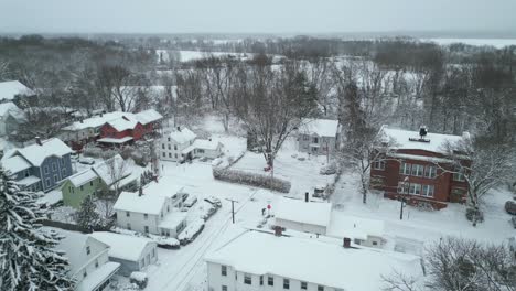 leafless trees covered with snow on top of roofs of vibrant colored home apartments