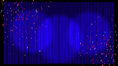animación de confeti multicolor que cae sobre las cortinas azules