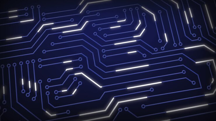 Animazione di un circuito stampato del computer su sfondo blu
