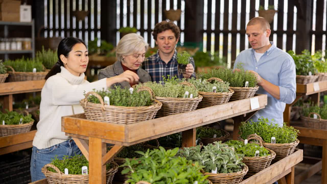 Fire kunder i plantecentret ser på etiketter, tjekker potter på udstilling, sammenligner og vælger planter.