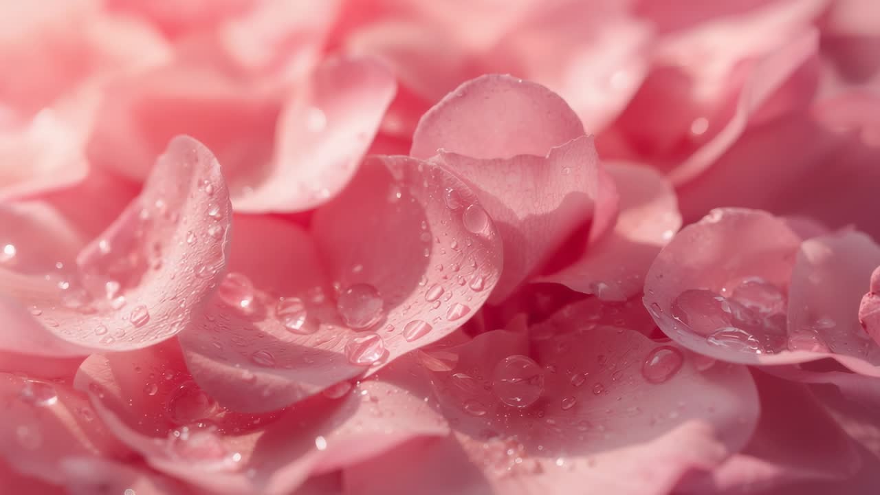 Endring av kameravinkel, klynge med rosa blomsterblader som avslører skarpere dråper i studiomakro
