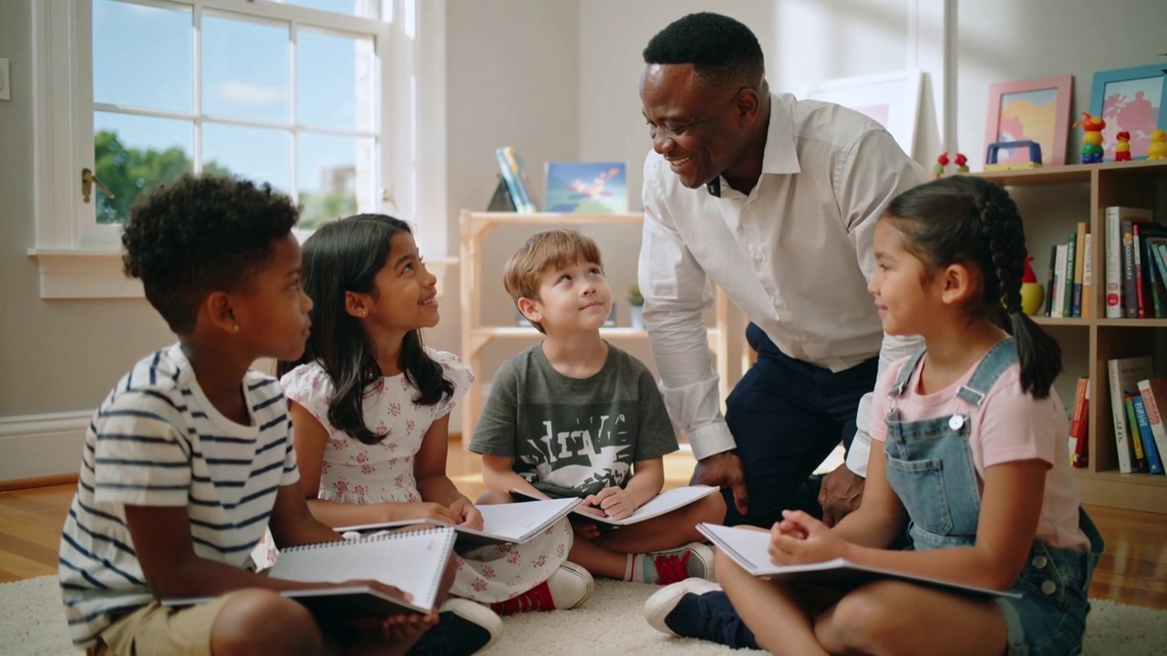 Leaning teacher leading four kids on home rug for lesson, kids holding notebooks preparing to write