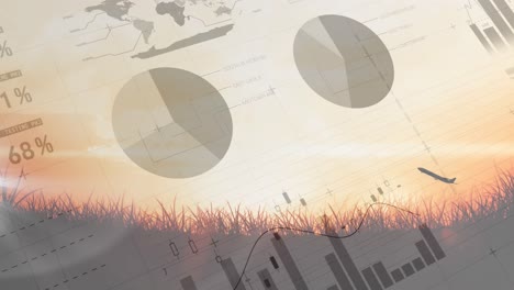 animation of statistics and data processing over airplane taking off and field