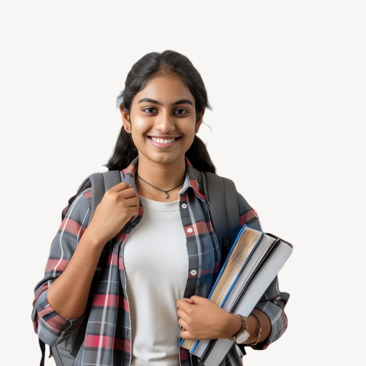 Risorsa isolata animata di studente sorridente con libri, video 4K trasparente, canale alfa, ProRes
