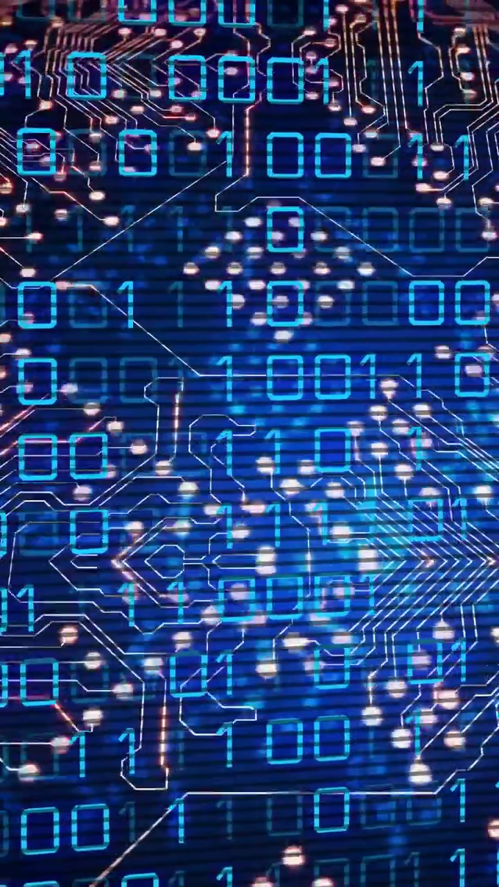 Video verticale: Scansione che inizia, griglia PCB che sposta dati binari e nodi pulsanti, mostrando il flusso di dati.