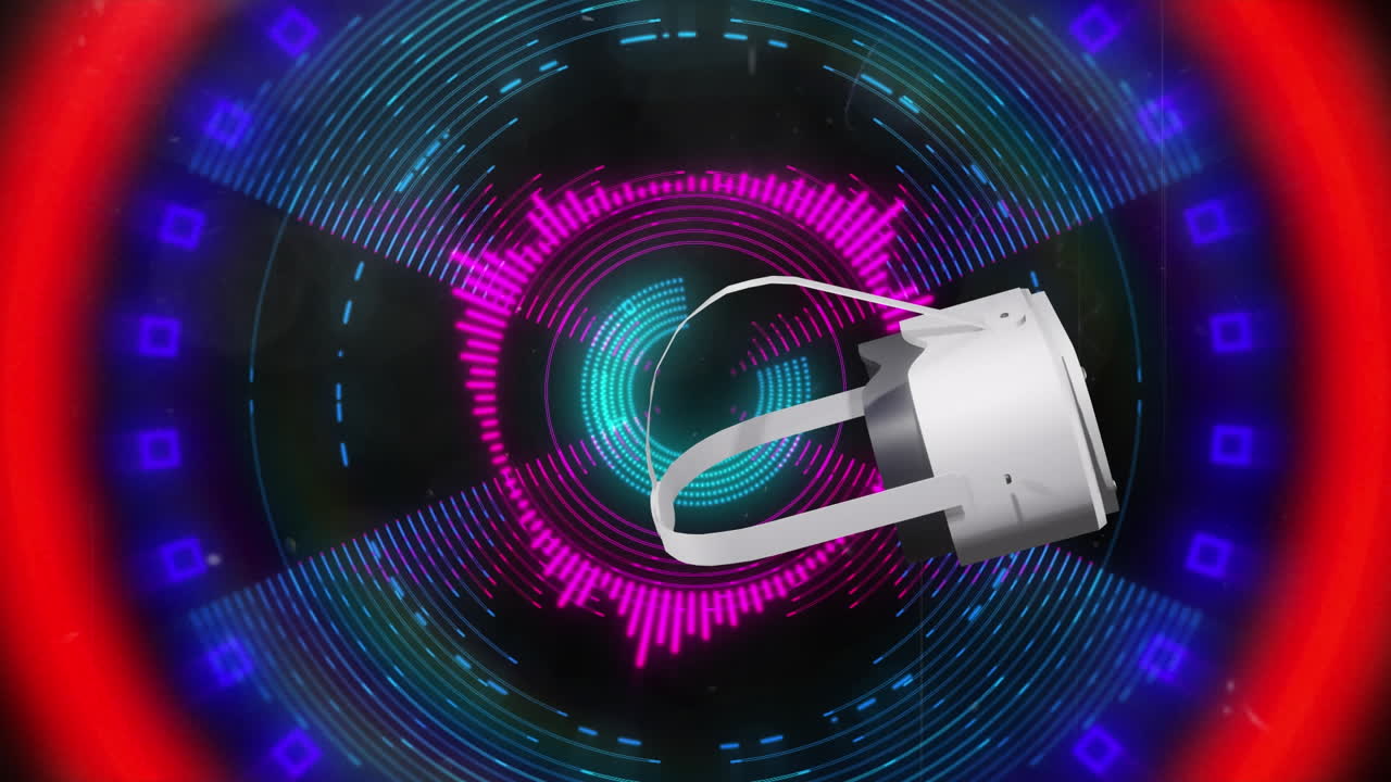 animación de auriculares vr sobre luces de neón moviéndose sobre un fondo negro