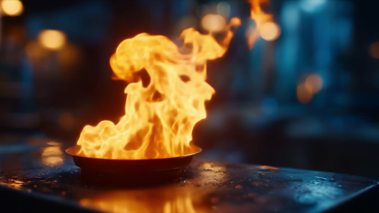 Api Memukau Menari-nari dalam Wajan, Menyoroti Intensitas dan Keindahan Panas Kuliner dalam Suasana Dapur yang Mempesona dan Berani saat Senja