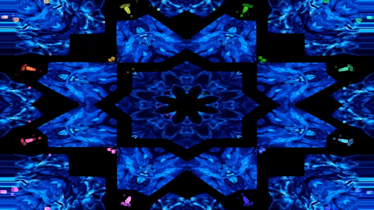 다채로운 칼레도스코프 파란색 네온 프랙탈 패턴 운동 배경