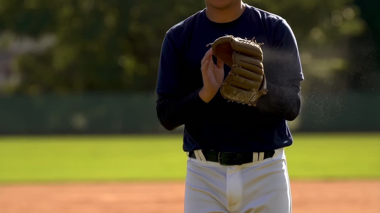 Baseball Player Dusting Glove on Field