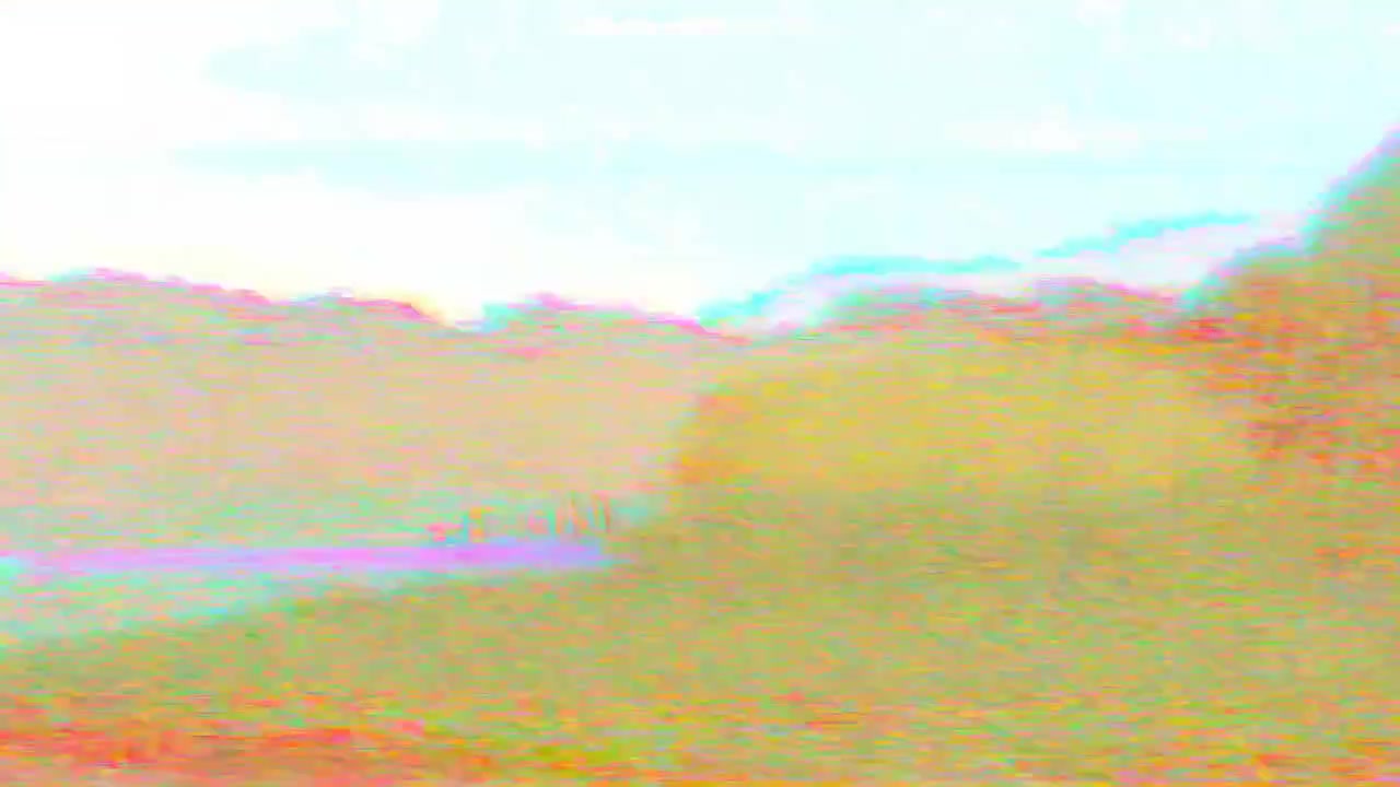 Pastel Glitch Ocean Shoreline Under Sunrise Glow, Hazy Hills And Gentle Waves Washed In Neon Cyan And Magenta,