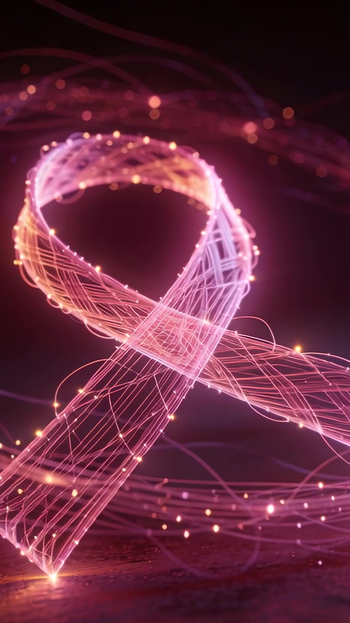 Vertical video: Starting playback, woven ribbon rotating and pulsing in dark studio, sparking nodes