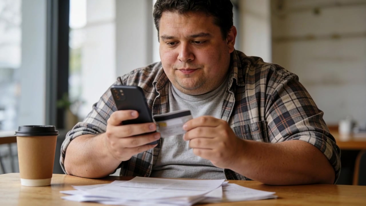 Uomo in camicia di flanella che controlla le bollette e lo smartphone con una carta in un caffè, confermando il pagamento.