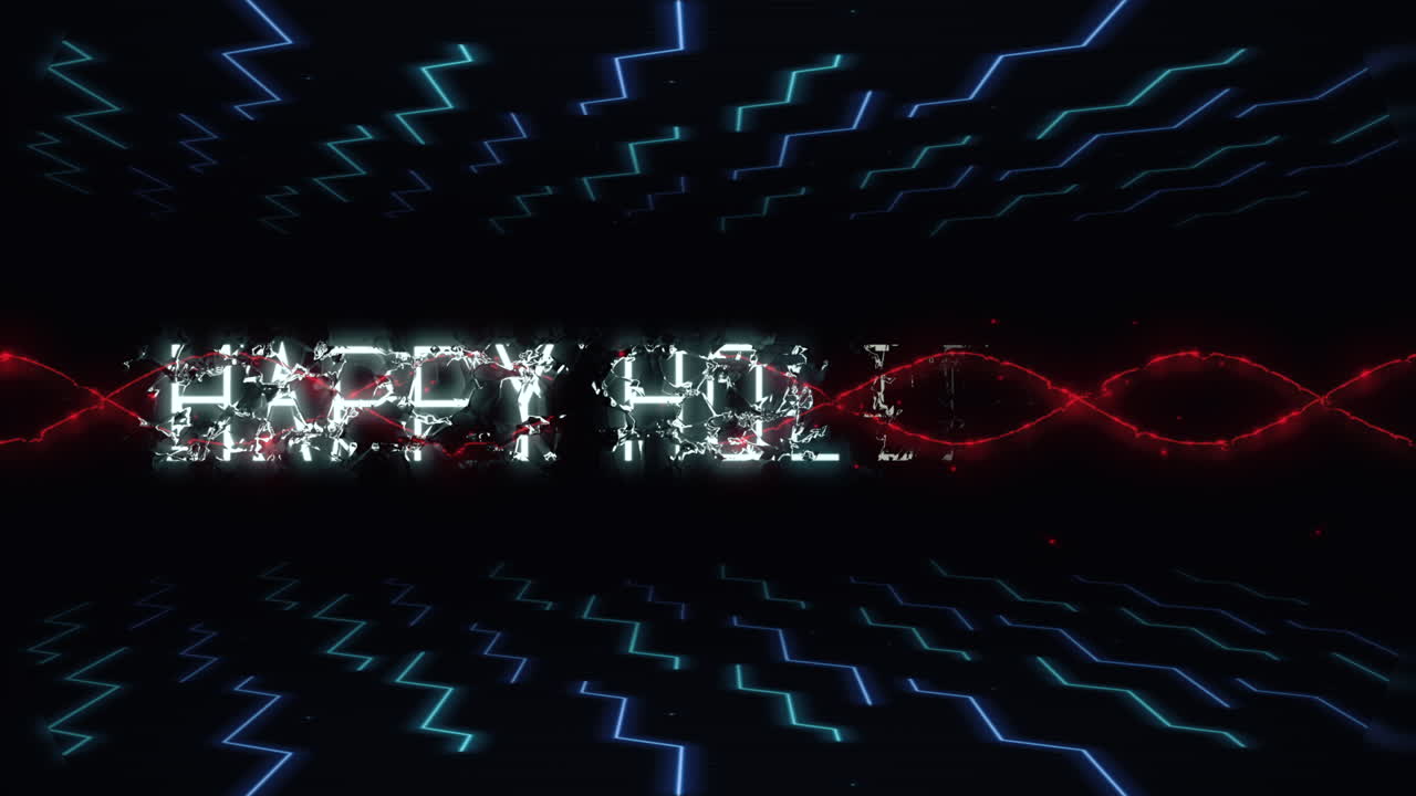 signo de neón futurista de felices vacaciones en rojo y azul sobre fondo negro