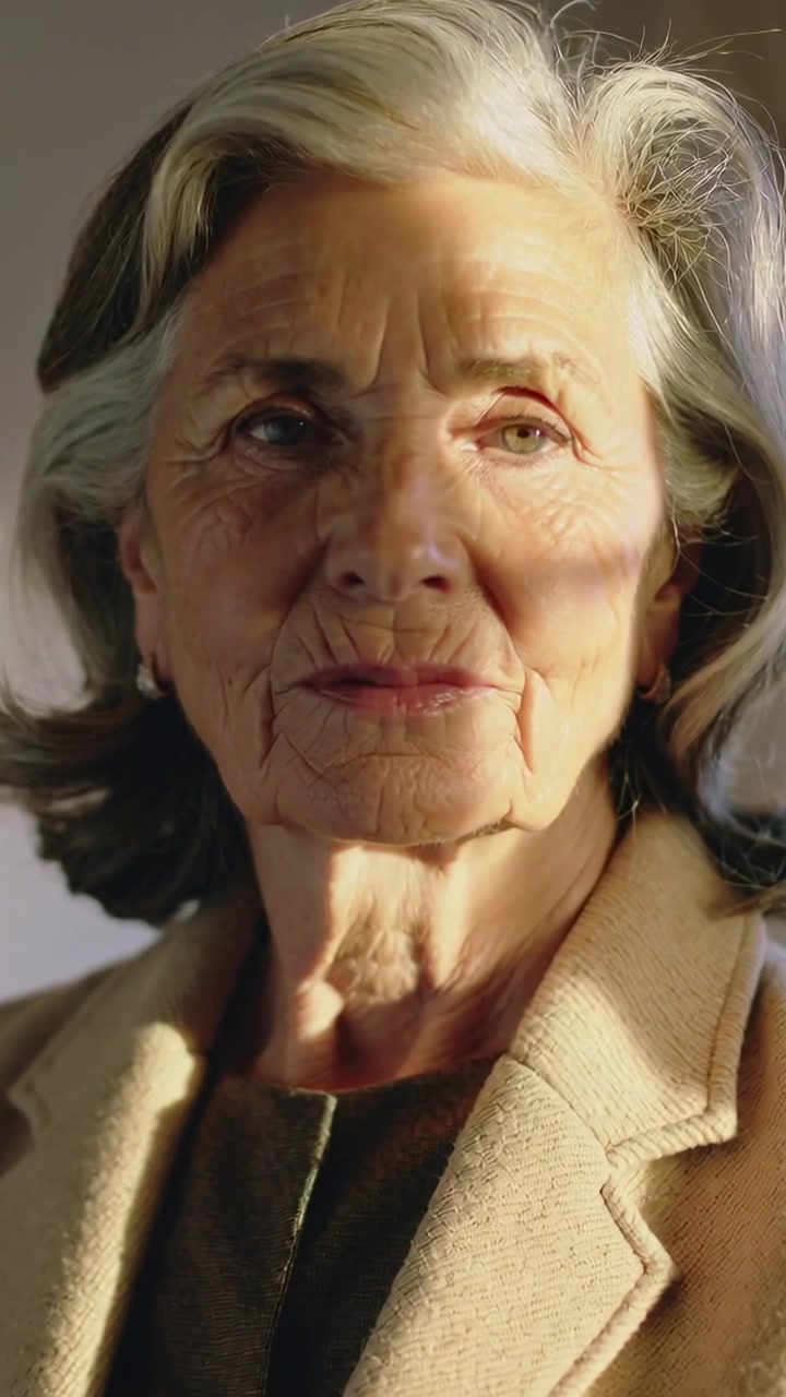 Vertical video: Reacting to sunbeam, senior woman tilting and squinting at home in beige blazer