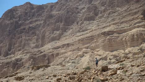 turista aventurero senderismo montañas áridas, desierto de mitzpe ramon, israel, tiro estático