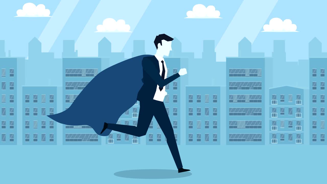 estilo azul hombre de negocios superhéroe correr ciclo plano personaje de dibujos animados animación