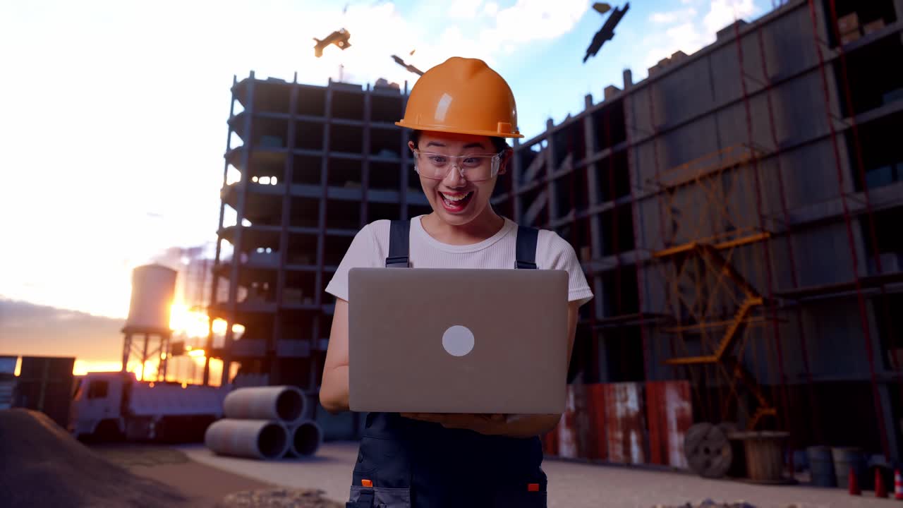 trabalhadora asiática usando óculos de proteção e capacete de segurança olhando para o laptop, em seguida, gritando gol celebrando enquanto estava de pé no local de construção