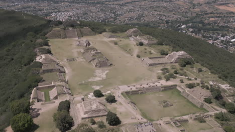 Flyover-of-temples-and-plazas-of-ancient-Monte-Alban-ruins-in-Mexico