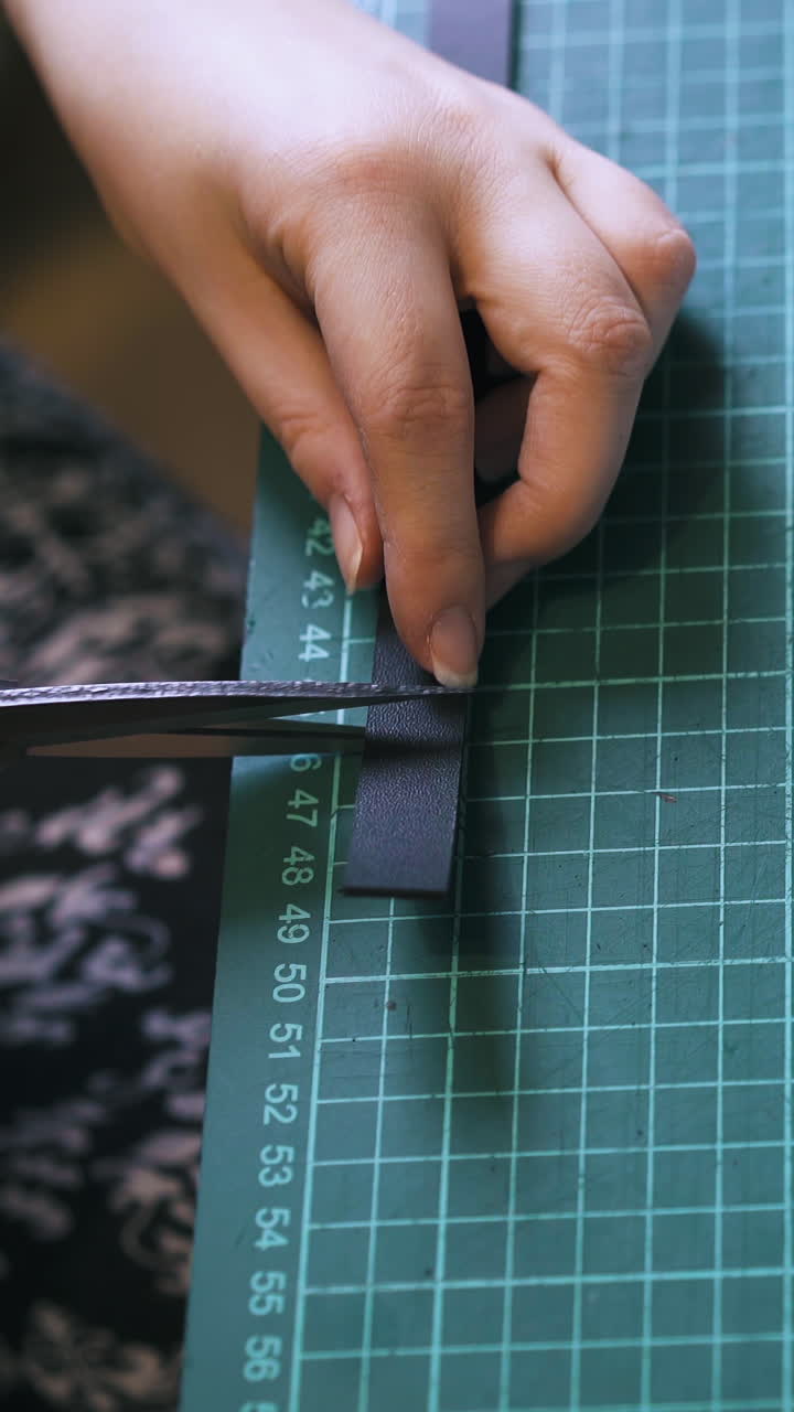 CU: Experienced person cuts black leather strip with scissors to make fashionable garters on cutting mat close view