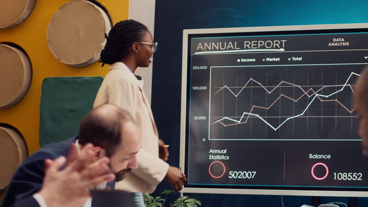 Startup team reviewing annual reports infographics on interactive board