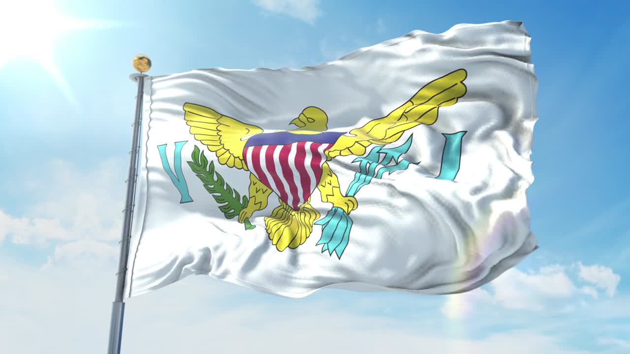 미국 버진 아일랜드 발이 깊은 파란 하늘을 배경으로 바람에 흔들리는 국가 테마, 국제 개념 3d 렌더리 원활한 루프 4k