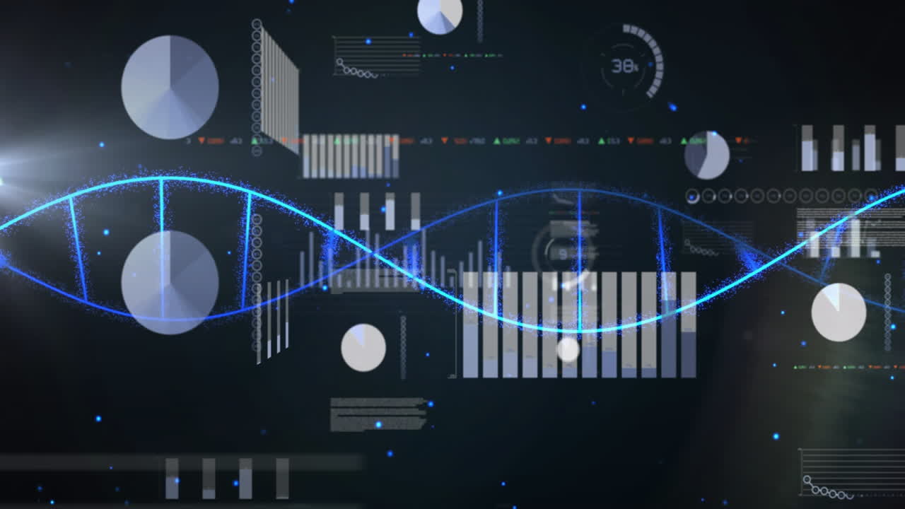DNA strand with binary coding, processing scientific data in animation style