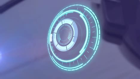 animation of rotating safe lock over light trail on blurred background