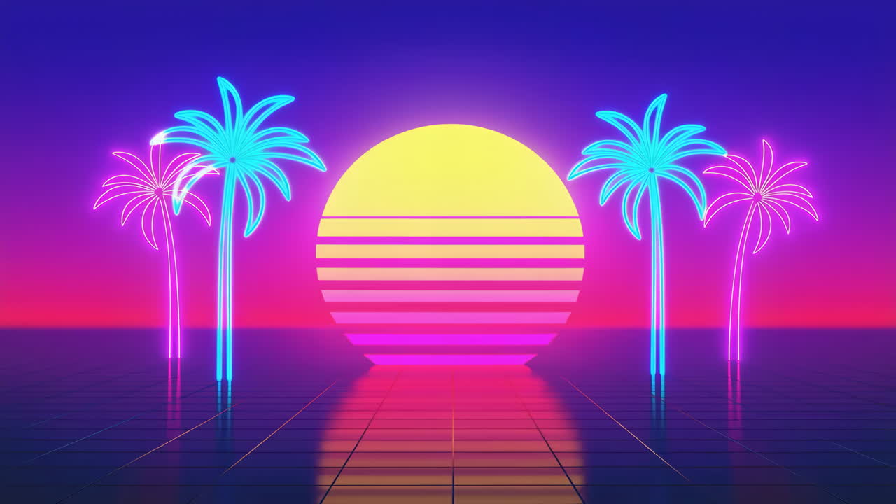 Tramonto Synthwave Retrò con Palme al Neon