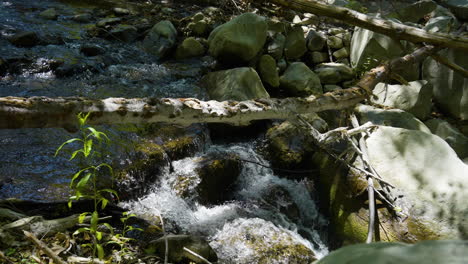 Stationary-shot-of-small-waterfall-running-into-little-creek-located-in-Santa-Paula-Punch-Bowls-Southern-California